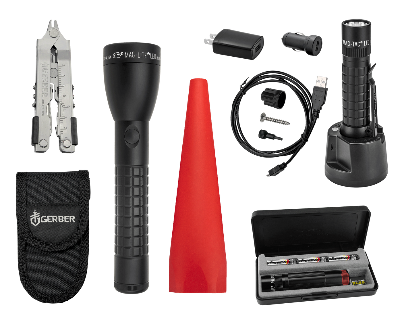 First Responder Maglite Flashlight Bundle including Gerber Multi-tool , Mag-Tac LED Rechargeable Flashlight, Maglite ML50LX LED Flashlight, Maglite XL50 LED Spectrum Red Flashlight