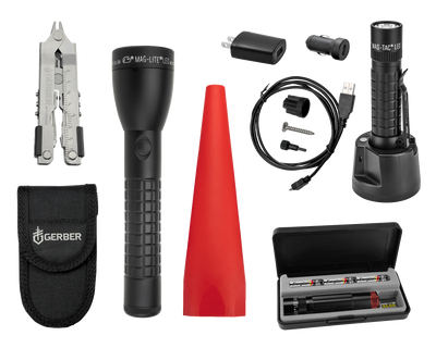 First Responder Maglite Flashlight Bundle including Gerber Multi-tool , Mag-Tac LED Rechargeable Flashlight, Maglite ML50LX LED Flashlight, Maglite XL50 LED Spectrum Red Flashlight