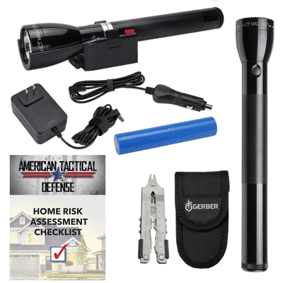 One black Maglite ML150LR LED Rechargeable Flashlight. System includes: charging cradle, 120V wall converter (home), and 12v DC adapter (auto), a Maglite ML300L 4 D-Cell LED Flashlight, A Gerber Multi-Tool with carrying case, and a Home Risk Assessment Checklist.  The bundle also includes a free Home Risk Assessment Checklist published by American Tactical Defense. 