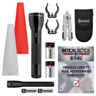 A Mini Maglite PRO 2 AA-Cell LED Flashlight and 2 AA-Cell batteries, a Maglite ML300L 2 D-Cell LED Roadside Safety Kit which includes the ML300L 2 D-Cell LED Flashlight, a red traffic light wand, a white area light wand, D-Cell mounting brackets and 2 D-Cell batteries, A Gerber Multi-Tool with carrying case. The bundle also includes a free Vehicle Safety Risk Assessment Checklist published by American Tactical Defense. 