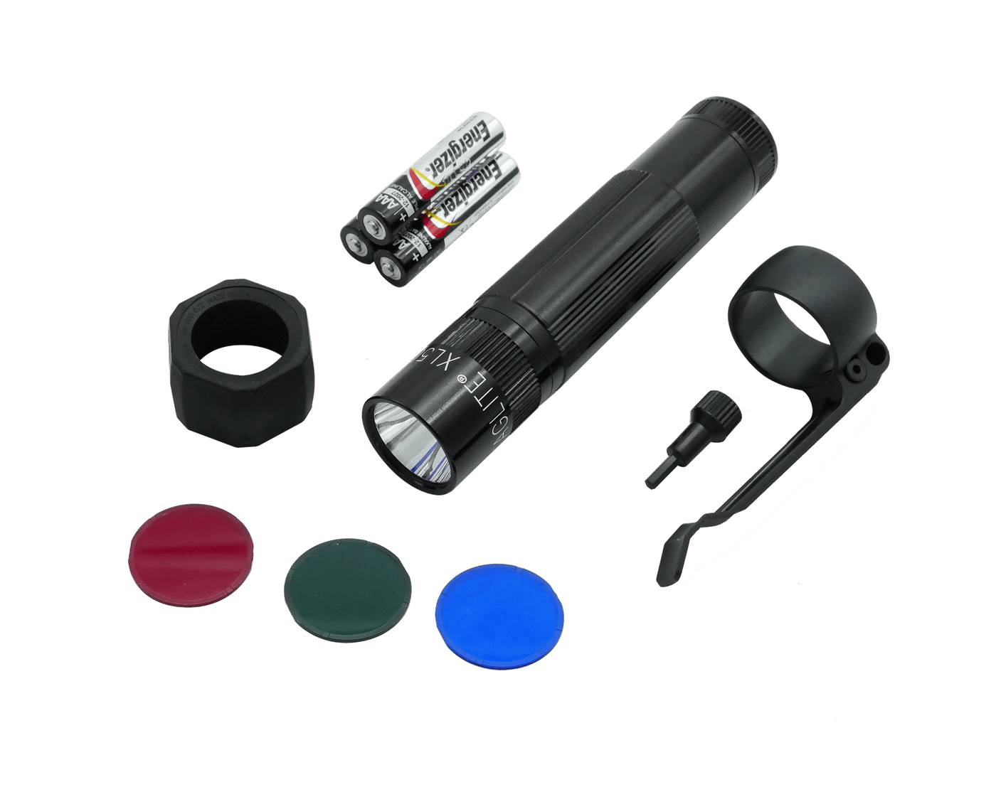 Maglite XL50 LED Pocket Flashlight withIncludes Anti Roll / Lens holder, Colored Lens set, Red, Green, & Blue, Pocket Clip, and Pocket Clip Tool. (3) Premium Alkaline Batteries.