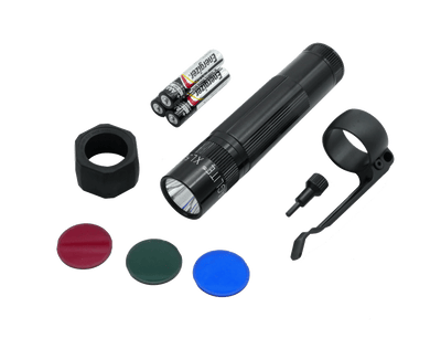 Maglite XL50 LED Pocket Flashlight withIncludes Anti Roll / Lens holder, Colored Lens set, Red, Green, & Blue, Pocket Clip, and Pocket Clip Tool. (3) Premium Alkaline Batteries.